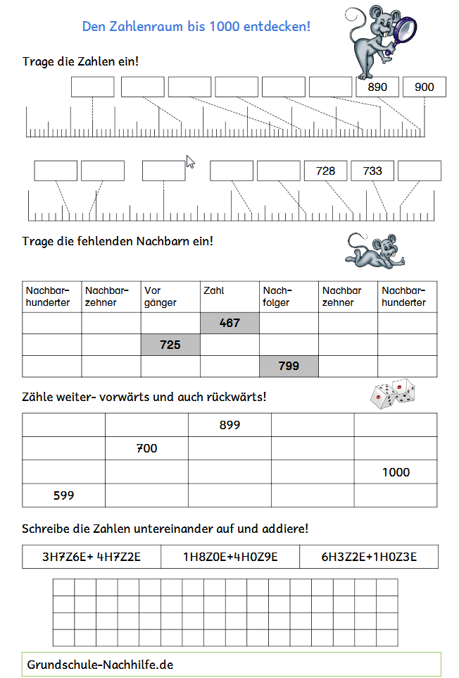 Arbeitsblatt Nachhilfe Mathe Klasse 3 Zahlenraum 1000